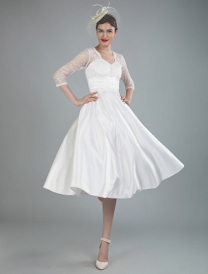 Short Wedding Dresses V Neck 3/4 Length Sleeves A Line Tea Length Traditional Bridal Dresses_7