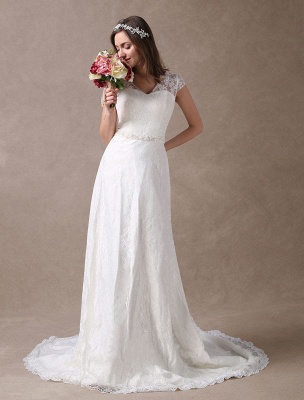 Lace Wedding Dresses Ivory V Neck Chiffon Beading Sash Cap Sleeve Bridal Dress With Train Exclusive_2