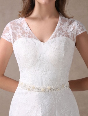Lace Wedding Dresses Ivory V Neck Chiffon Beading Sash Cap Sleeve Bridal Dress With Train Exclusive_7