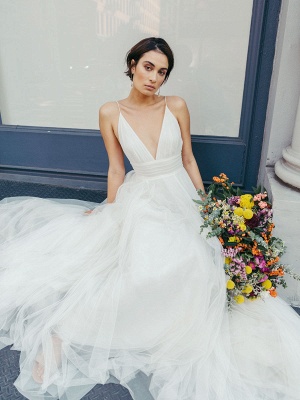 Robe de mariée blanche sans manches à col en V avec train taille naturelle dos nu longues robes de mariée_1