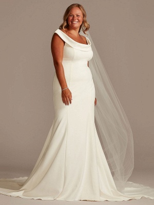 White Mermaid Wedding Dresses With Chapel Train Stretch Crepe Sleeveless Off-Shoulder Buttons Natural Waist Backless Bridal Gowns_1