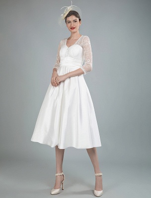 Short Wedding Dresses V Neck 3/4 Length Sleeves A Line Tea Length ...