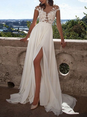 Robe de mariée Boho 2021 Une ligne col en V sans manches en dentelle fendue Appliqued Beach Robes de mariée avec train de balayage_1