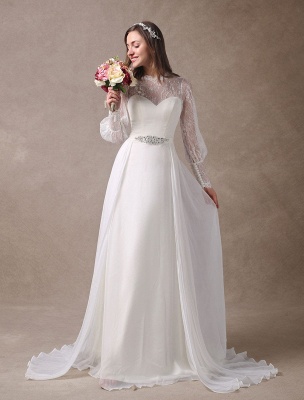 White Wedding Dresses Long Sleeve Lace Chiffon Beading Sash Illusion Beach Bridal Dress With Train Exclusive_1