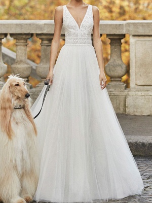 Wedding Dresses A Line Floor Length Sleeveless Applique V Neck Bridal Gowns_1