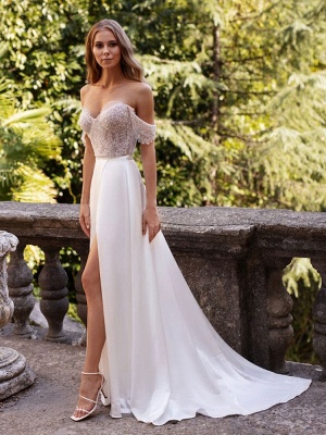 White Simple Wedding Dress Satin Fabric Strapless Sleeveless Cut Out A-Line Off The Shoulder Long Bridal Dresses_3