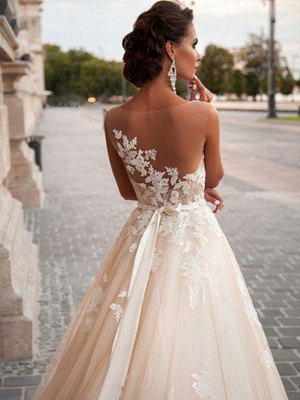 Wedding Dresses 2021 Jewel Illusion Neck Sleeveless A Line Lace Flora Applique Bridal Gowns With Train_4