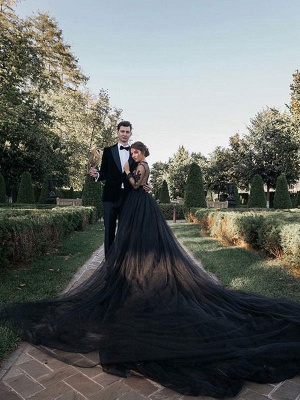 Black Wedding Dresses Tulle A-Line V-Neck Long Sleeves Backless Natural Waist Lace Royal Train Bridal Gown_2