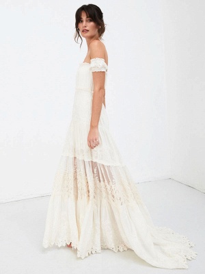 Boho Wedding Dress 2021 Lace Off The Shoulder A Line Floor Length Lace Bridal Gown_9