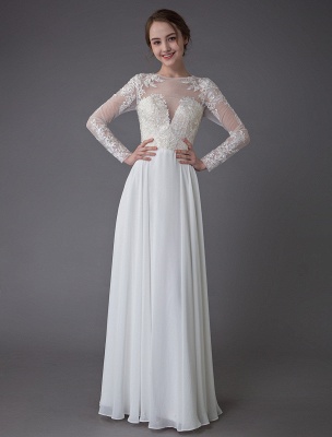 Boho Wedding Dresses Chiffon Jewel Long Sleeve Pleated A Line Beach Bridal Gowns Exclusive_2