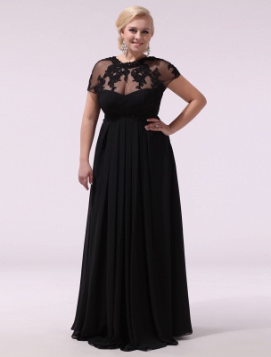 Black Prom Dresses Plus Size Evening Dress Chiffon Lace Applique Illusion Short Sleeves Floor Length Wedding Guest Dress Exclusive_3