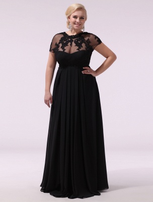 Robes de bal noires grande taille robe de soirée en mousseline de soie dentelle appliques illusion manches courtes longueur au sol robe d'invité de mariage exclusif_3