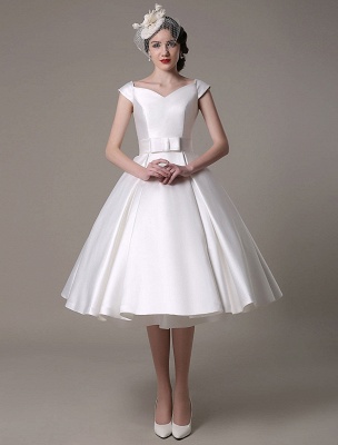 Ivory Wedding Dresses 2021 Short Satin Knee Length Bow Sash Retro Bridal Dress Exclusive_3