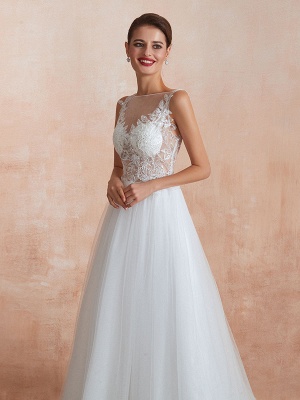Wedding Dress 2021 A Line Sleeveless Lace Floor Length Tulle Bridal Gowns With Train_7