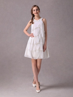 Simple Wedding Dresses Ivory Chiffon Cocktail Party Dress Beaded Tiered A Line Halter Short Bridal Dress Exclusive_6