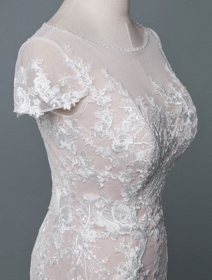 Robe de mariée simple sirène bijou cou manches courtes longueur de plancher personnalisé dentelle robes de mariée avec train_5