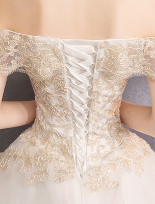 Princess Wedding Dress Ivory Lace Applique Off The Shoulder Short Sleeve Bridal Gown_15