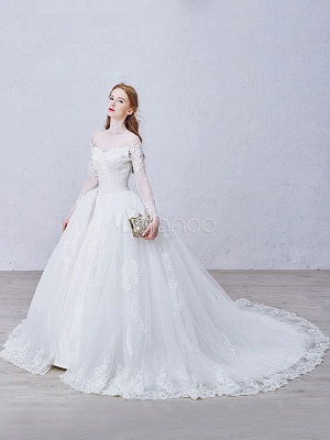Lace Wedding Dress Princess Bridal Dress White Off The Shoulder Applique Illusion Heart Back Design Luxury Bridal Gown With Cathedral Train_2