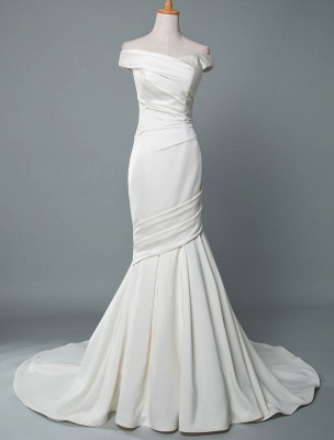 Robe de mariée vintage sirène sur l'épaule sans manches en satin plissé avec train robes traditionnelles pour la mariée_1