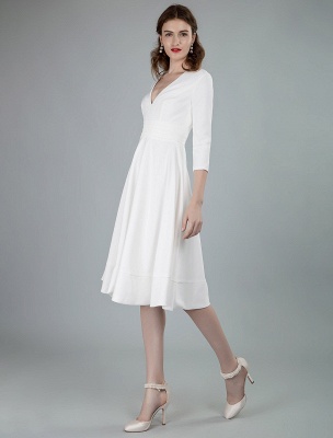 Short Wedding Dresses V Neck 3/4 Length Sleeves A-Line Knee Length Bridal Dress Exclusive_9