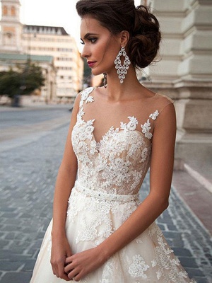 Wedding Dresses 2021 Jewel Illusion Neck Sleeveless A Line Lace Flora Applique Bridal Gowns With Train_3
