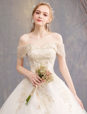 Princess Wedding Dress Ivory Lace Applique Off The Shoulder Short Sleeve Bridal Gown_14