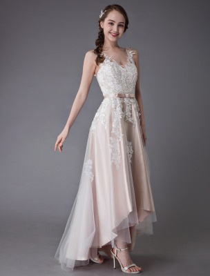 Lace Wedding Dresses High Low Bow Sash Tulle Applique Summer Beach Colored Bridal Gowns Exclusive_5