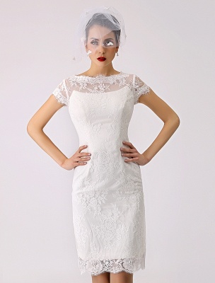 Short Simple Wedding Dresses 2021 Lace Illusion Short Sleeve Sheath Column Reception Dress For Bride Exclusive_6