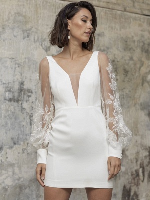 White Short Wedding Dresses V-Neck Long Sleeves Backless Sheath Cut-Outs Lace Bridal Dresses_2