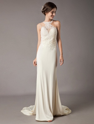 Wedding Dresses Ivory Lace Sleeveless Illusion Sheath Column Bridal Gowns With Train_4
