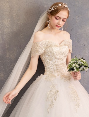 Princess Wedding Dress Ivory Lace Applique Off The Shoulder Short Sleeve Bridal Gown_8