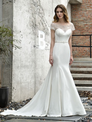 Wedding Dress Short Sleeves Illusion Neck Beaded Mermaid Bridal Gowns_6