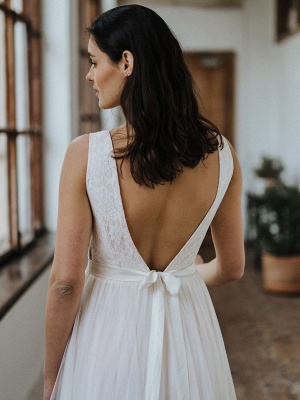 Einfache Hochzeitskleid Backless Brautkleider Chiffon V-Ausschnitt A-Linie Brautkleider_7