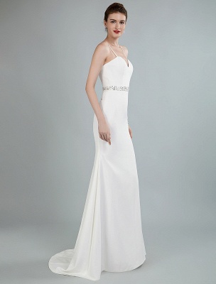 Robe de mariée simple gaine col en coeur manches longues robes de mariée perlées avec train exclusif_2