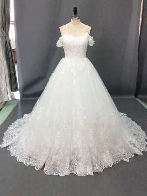 Robe de mariée 2021 hors de l'épaule robe de bal à manches courtes taille naturelle robes de mariée avec train_2