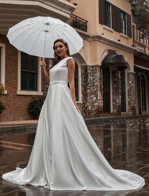 A-Line Wedding Dresses Court Train Sleeveless Sash Jewel Neck Bridal Gowns Exclusive_4