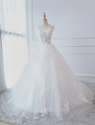 Robes de mariée princesse robes de bal fleurs en dentelle appliques robes de mariée sans manches avec train_1