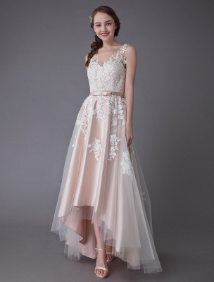 Lace Wedding Dresses High Low Bow Sash Tulle Applique Summer Beach Colored Bridal Gowns Exclusive_3