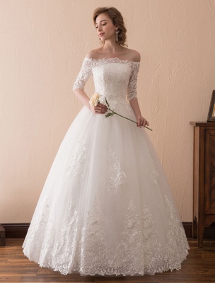 Robes de mariée princesse dentelle hors de l'épaule robe de mariée demi-manche étage longueur robe de mariée_2