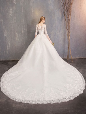 Prinzessin Brautkleider Spitze Illusion Ausschnitt Halbarm Bodenlangen Brautkleid_14