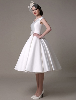 Ivory Wedding Dresses 2021 Short Satin Knee Length Bow Sash Retro Bridal Dress Exclusive_1