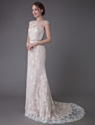 Robe de mariée en dentelle Champagne bijou sans manches dos nu robe de mariée sirène plage avec train exclusif_4