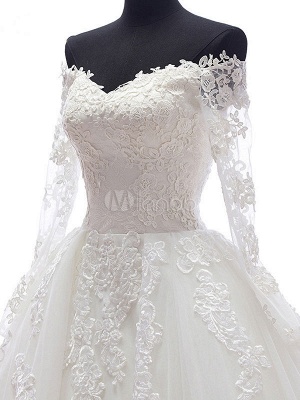 Lace Wedding Dress Princess Bridal Dress White Off The Shoulder Applique Illusion Heart Back Design Luxury Bridal Gown With Cathedral Train_12