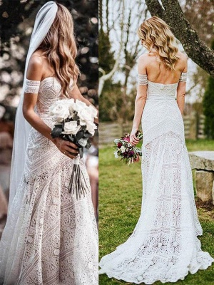 White Lace Wedding Dress Floor Length Sheath Sleeveless Lace Sweetheart Neck Bridal Dresses Train Dress_2