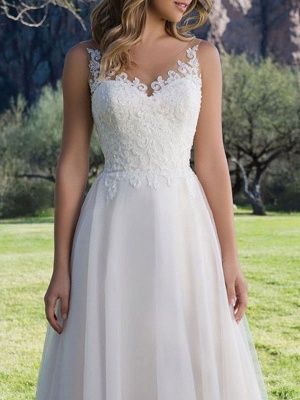 Wedding Dress A Line V Neck Sleeveless Lace Beach Party Bridal Gowns With Train_3