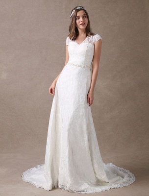 Lace Wedding Dresses Ivory V Neck Chiffon Beading Sash Cap Sleeve Bridal Dress With Train Exclusive_5