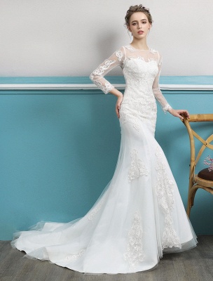 Mermaid Wedding Dresses Long Sleeve Ivory Lace Illusion Train Bridal Gowns_2