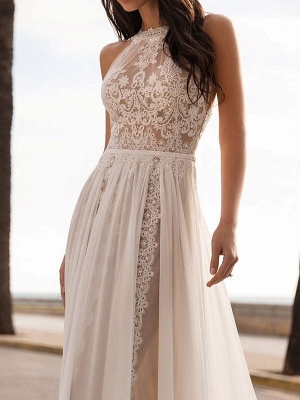Ivory Wedding Dresses A Line With Court Train Sleeveless Applique Illusion Neckline Bridal Gowns_3