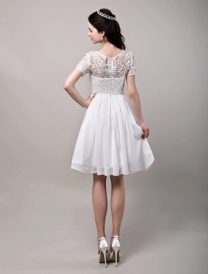 Simple Wedding Dresses Short Sleeves Lace Bodice Chiffon Reception Bridal Dress_3