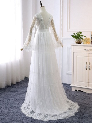 Boho Wedding Dresses 2021 A Line Deep V Neck Multilayer Lace Chiffon Beach Party Dress Bridal Gowns_4